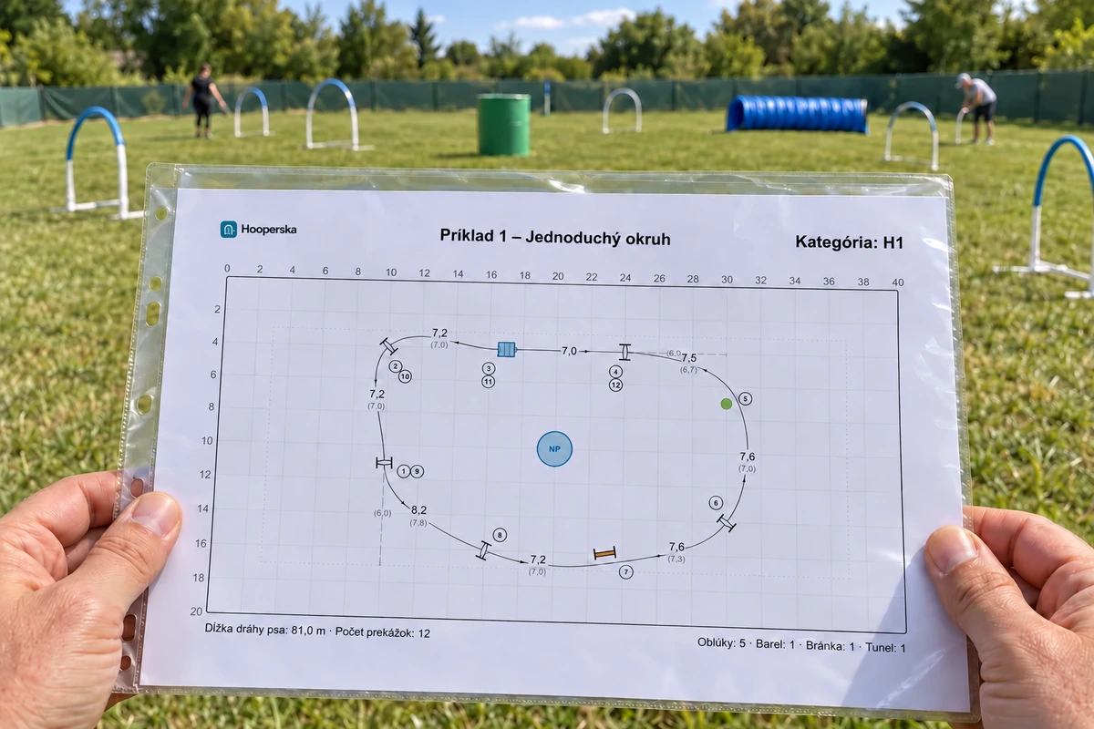 Pohľad rozhodcu na vytlačený parkúr A4 v euroobale, ktorý drží pred rozostavaným ihriskom
